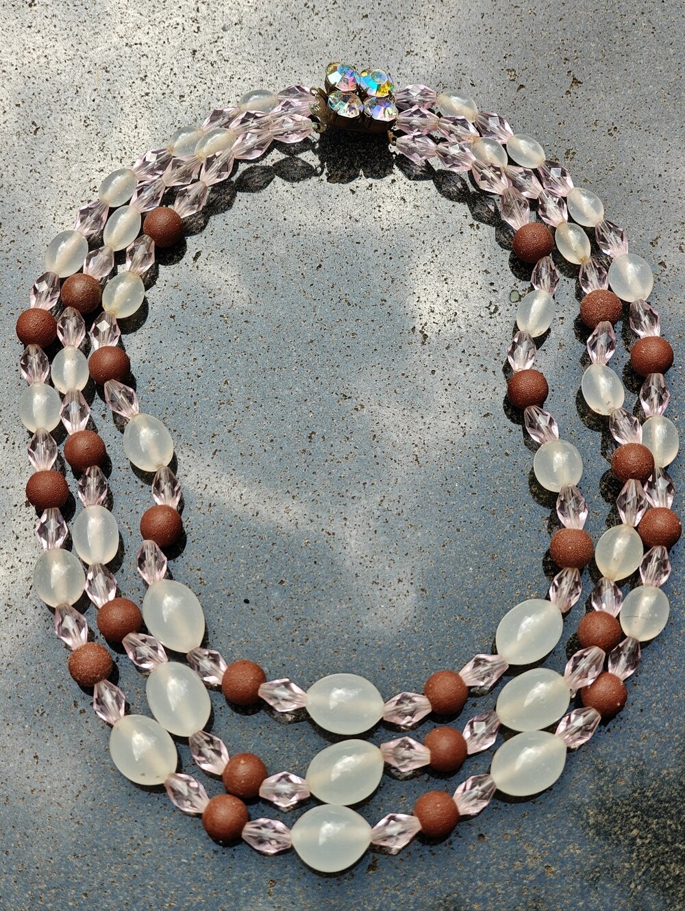 Vintage Austrian Crystals And Lucite Beads Triple Strand Necklace Ornate Clasp